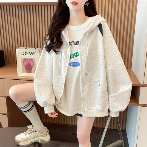 Actual shot of Korean style loose imitation cotton spliced ​​zipper color thin hooded sweatshirt for women