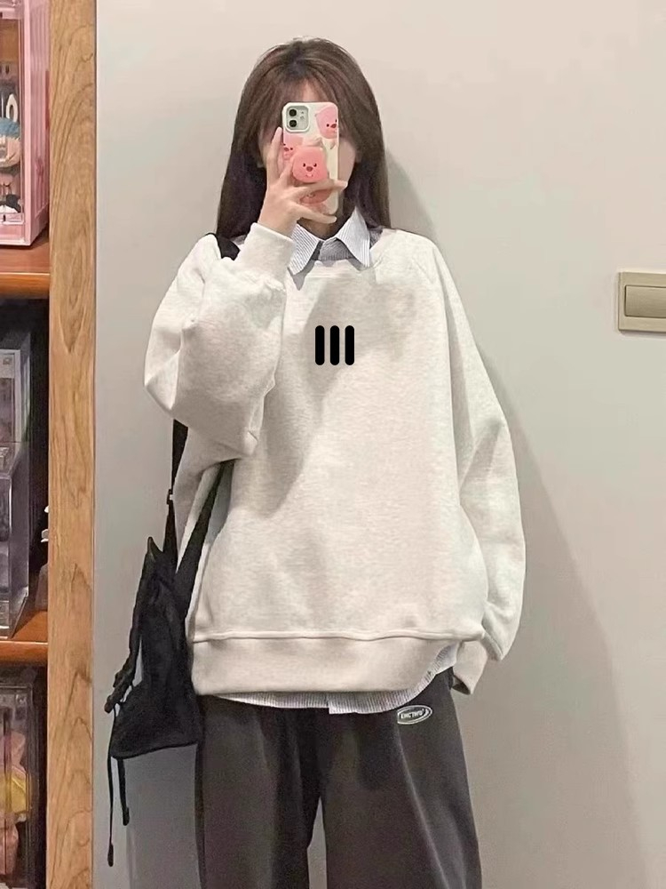 Cotton Heavyweight Thin / Fleece-lined Silver Fox Fleece Loose Korean-style Printed Sweatshirt for Women - New Autumn/Winter Trendy