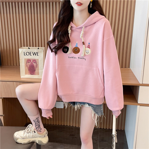 Real shot Korean style loose imitation cotton Chinese cotton embroidered thin hooded sweatshirt for women