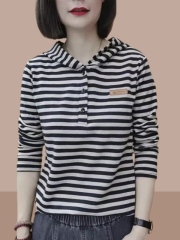 New spring and autumn long-sleeved hooded T-shirt women's short casual versatile cotton striped T-shirt top bottoming shirt
