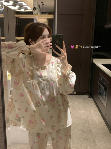 Real shot of bark wrinkled 2024 new pajamas for women, long-sleeved suits, casual home clothes, sweet and cute