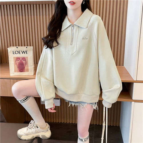 Actual shot of Korean style loose imitation cotton spliced ​​zipper embroidered thin hooded sweatshirt for women