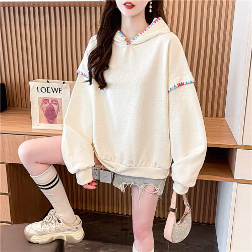 Actual shot of Korean style loose imitation cotton Chinese cotton colorful dot printed shell thin hooded sweatshirt for women