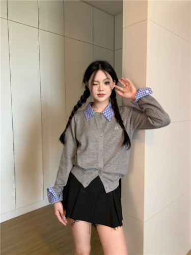 Actual shot of fake two-piece college style patchwork collar cardigan sweater with a sense of design