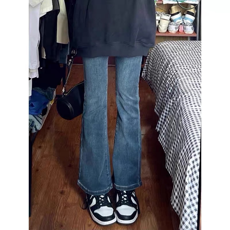 Retro blue micro-flared jeans for women in autumn and winter new high-waisted straight slim slimming wide-leg pants trendy