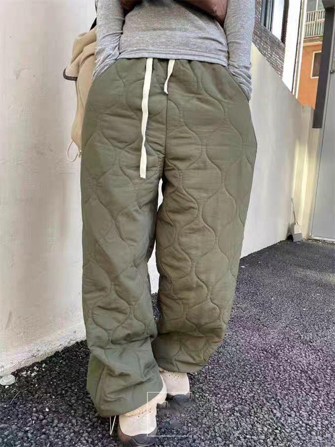 Autumn and Winter New Design Carved Thread Lined Padded and Thick Cotton Trousers with Elastic Waist Casual Long Pants