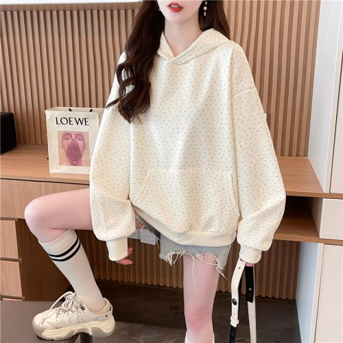 Actual shot of Korean style loose imitation cotton floral print thin hooded sweatshirt for women