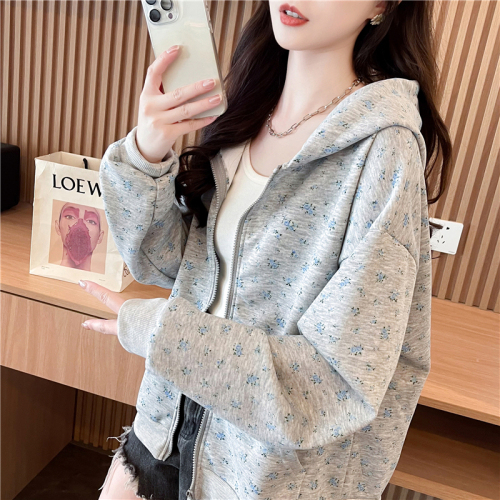 Actual shot of Korean style loose Chinese cotton floral fabric printed zipper thin hooded sweatshirt for women