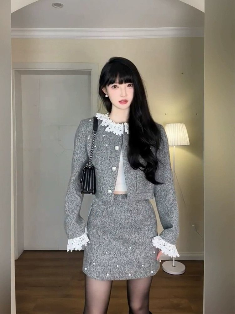 加厚450克高級感洋裝名媛富家千金套裝裙小香風外套短裙兩件套