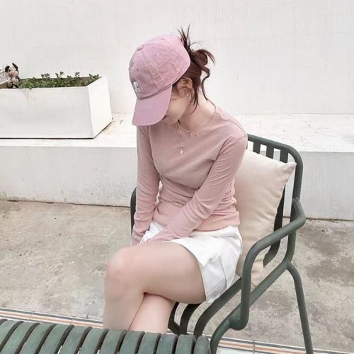 Pink thin slightly see-through curled front shoulder long-sleeved T-shirt for women in early autumn slim fit inner layering shirt and tight top