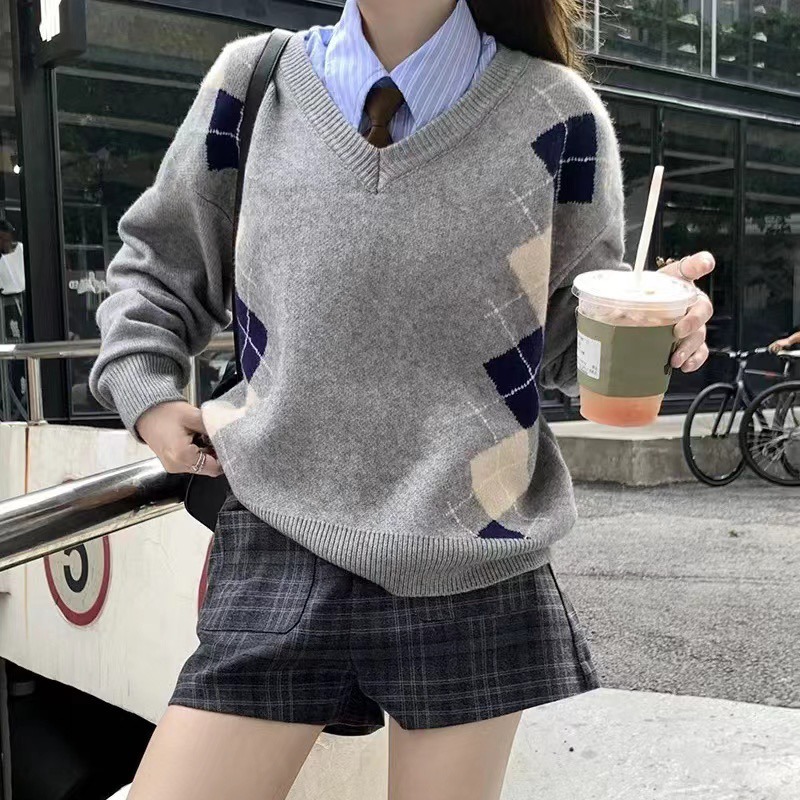 韓系早秋新款菱格毛衣慵懶寬鬆V領miu系復古學院風套頭上衣XQ