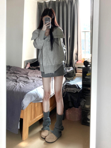 Super nice gray hooded sweatshirt for women 2024 autumn and winter mid-length loose niche design jacket top