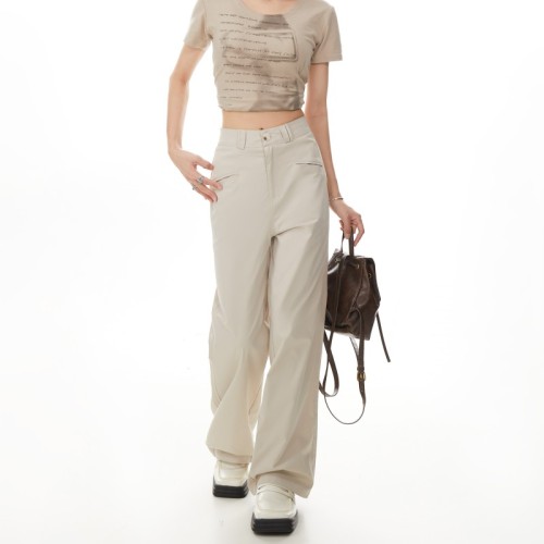 #American straight overalls for women spring and autumn new apricot color small high waist slim casual floor mopping trousers