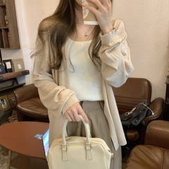 Early autumn Korean style loose temperament solid color 6 wool versatile knitted cardigan long-sleeved women's sweater jacket