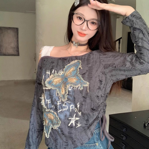 American hottie off-shoulder long-sleeved T-shirt women's autumn and spring casual loose slimming personalized printed top