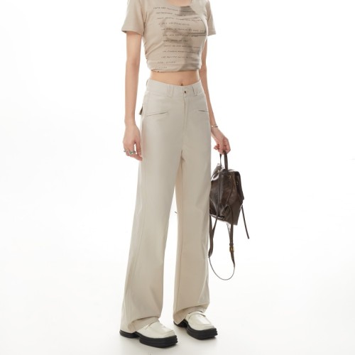 #American straight overalls for women spring and autumn new apricot color small high waist slim casual floor mopping trousers