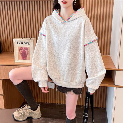 Actual shot of Korean style loose imitation cotton Chinese cotton colorful dot printed shell thin hooded sweatshirt for women