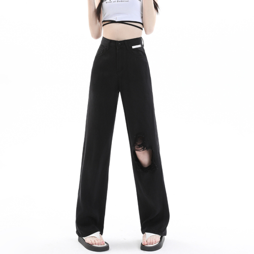 Tencel denim wide-leg pants summer thin ice silk drape loose ripped straight pants for women