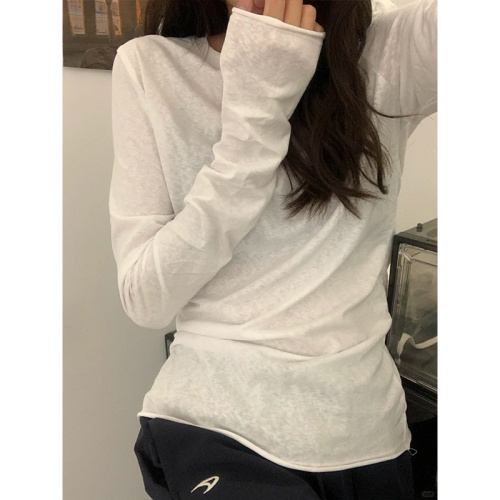 White bottoming shirt for women, thin autumn chic curling loose-feeling long-sleeved T-shirt basic style simple inner top