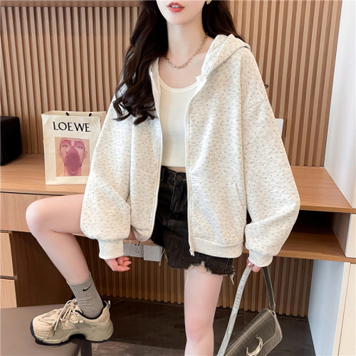 Actual shot of Korean style loose Chinese cotton small floral fabric printed zipper thin hooded sweatshirt for women