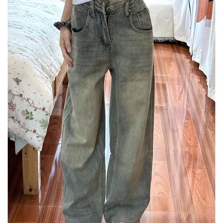 American retro distressed raw-edged jeans, loose and hip-covering, slimming and drapey wide-leg pants