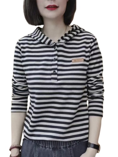 New spring and autumn long-sleeved hooded T-shirt women's short casual versatile cotton striped T-shirt top bottoming shirt
