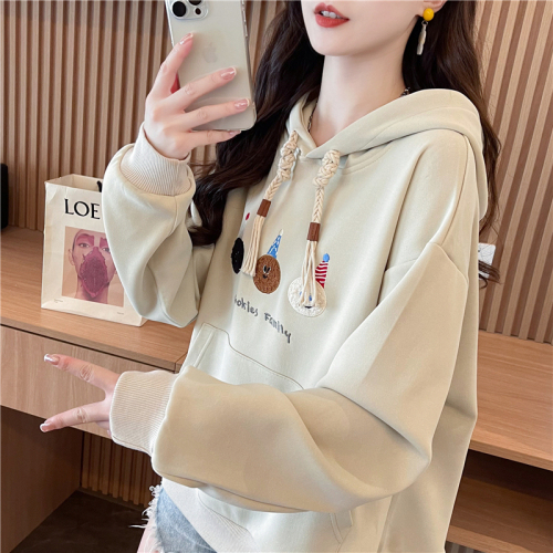 Real shot Korean style loose imitation cotton Chinese cotton embroidered thin hooded sweatshirt for women