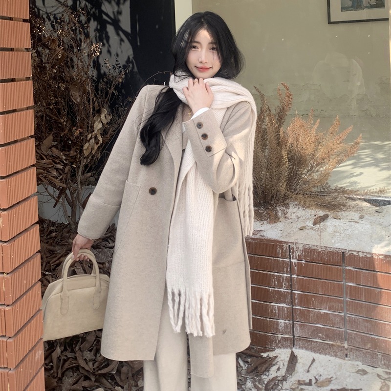Actual shot~Double-sided cashmere coat for women, designer long knee-high high-end slim woolen woolen coat