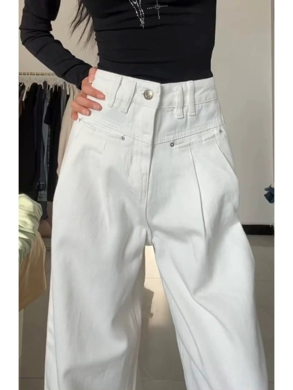 White jeans for women in spring and summer pleated high-waist drape straight pants floor-length casual wide-leg pants for tall people