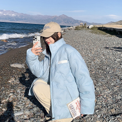 Milky blue warm embossed rhombus cotton jacket winter hot style versatile casual couple jacket for women