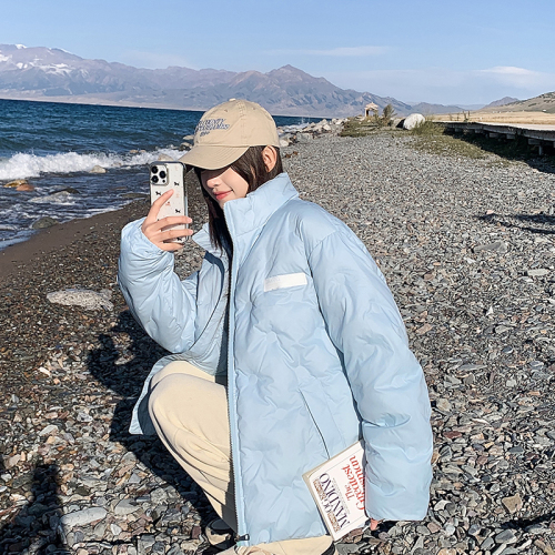 Milky blue warm embossed rhombus cotton jacket winter hot style versatile casual couple jacket for women