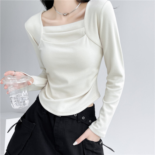 280g German velvet bottoming shirt design layered square collar long-sleeved T-shirt for women autumn pure lusty style slimming top