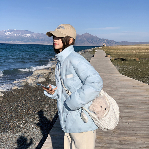 Milky blue warm embossed rhombus cotton jacket winter hot style versatile casual couple jacket for women