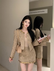 Shot French Chanel-style sequin embellished tweed coat + high-waisted skirt set