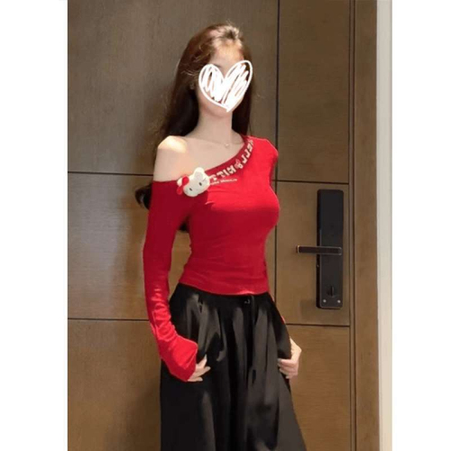 1*1 rayon 260g with cartoon doll sexy hot girl slope collar long sleeve T-shirt for women