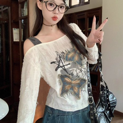 American hottie off-shoulder long-sleeved T-shirt women's autumn and spring casual loose slimming personalized printed top