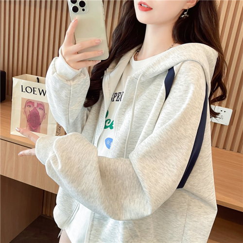 Actual shot of Korean style loose imitation cotton spliced ​​zipper color thin hooded sweatshirt for women