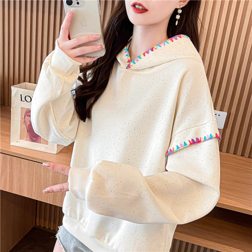 Actual shot of Korean style loose imitation cotton Chinese cotton colorful dot printed shell thin hooded sweatshirt for women