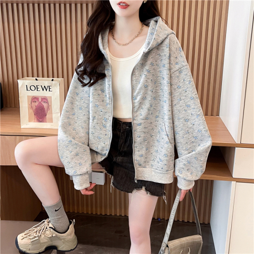 Actual shot of Korean style loose Chinese cotton floral fabric printed zipper thin hooded sweatshirt for women