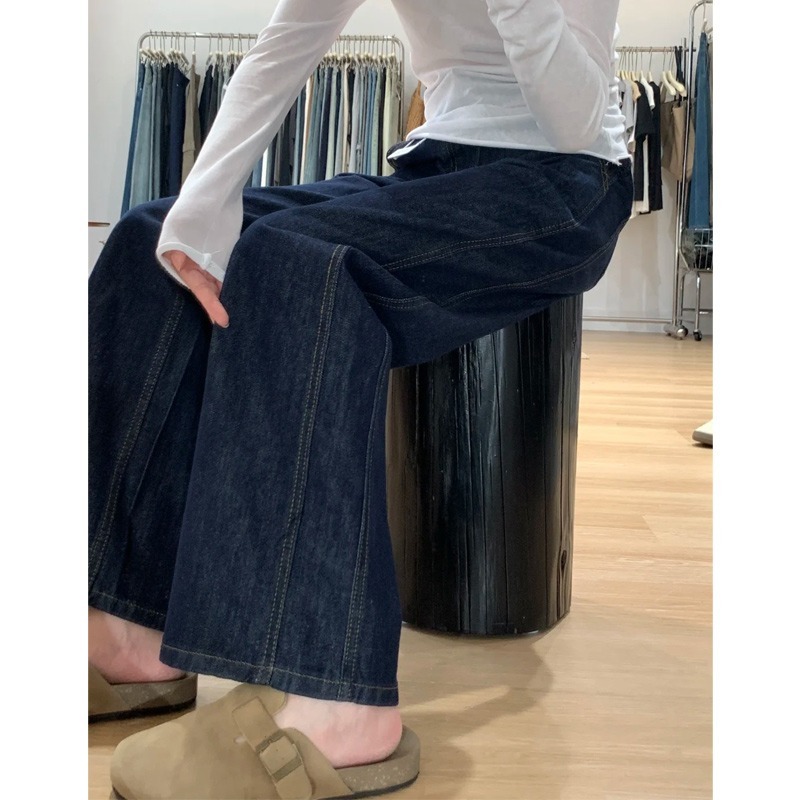 New dark blue straight jeans for women in autumn new style for fat mm pear-shaped body high-waisted wide-leg pants