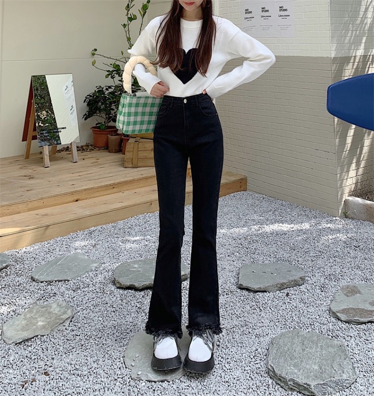 Stretch black jeans for women, spring and autumn new style, high-waisted, slim, raw edge, slightly flared, pear-shaped body pants