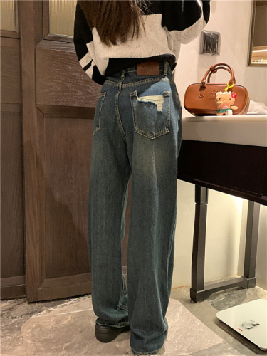 Real shot!  High-waisted retro ripped straight jeans for women autumn new loose wide-leg pants