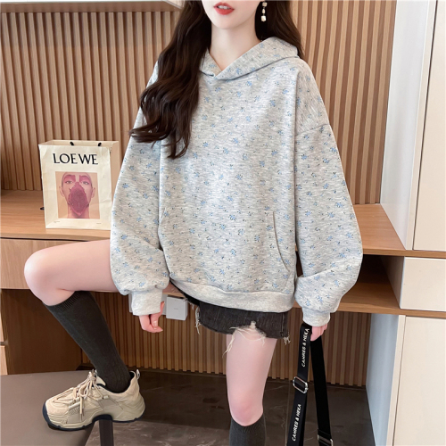 Actual shot of Korean style loose imitation cotton floral print thin hooded sweatshirt for women