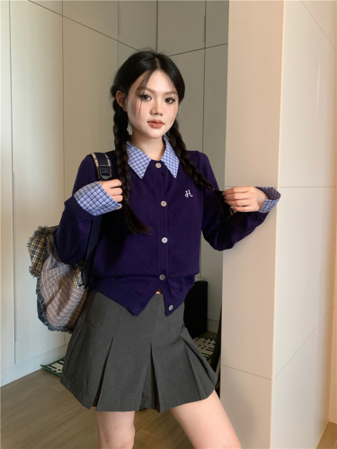 Actual shot of fake two-piece college style patchwork collar cardigan sweater with a sense of design