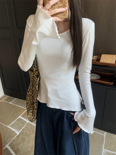 Real shots of round neck short tops for women, autumn inner layering shirts, sweet and spicy horns, thickened long-sleeved T-shirts