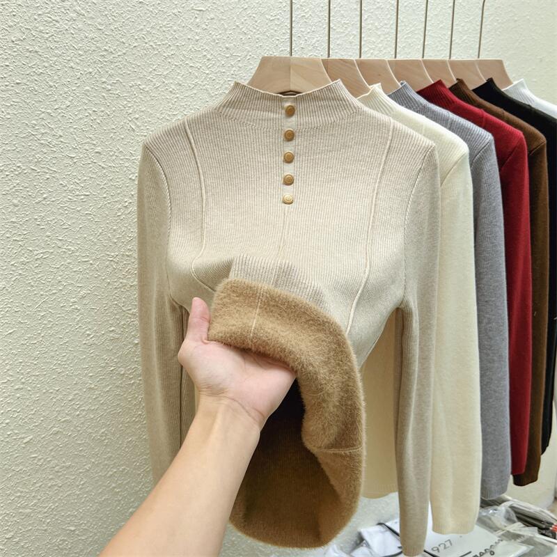 Real shot of one-piece velvet half-turtleneck sweater for women plus velvet thickened bottoming shirt 2024 autumn and winter knitted sweater inner top