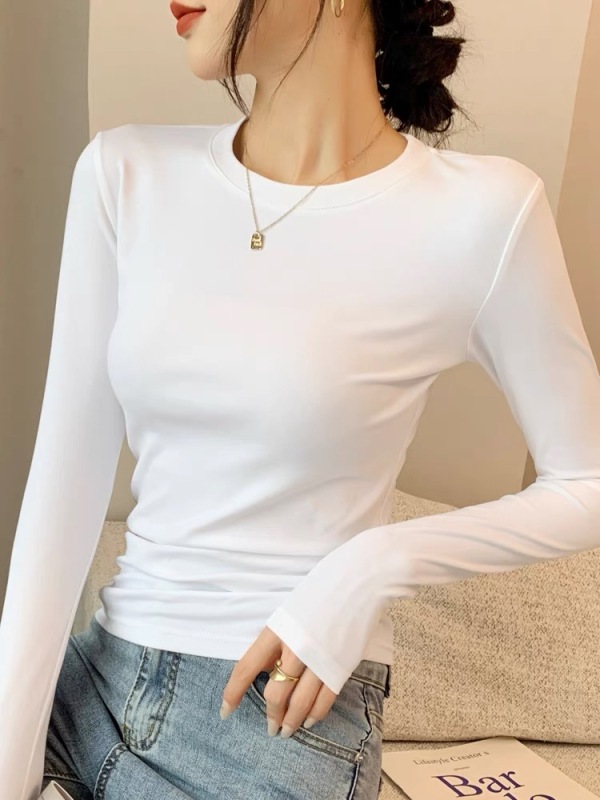 White bottoming shirt for women in autumn and winter, new round neck pure cotton long-sleeved T-shirt, slim inner top, spring and autumn style