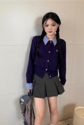 Actual shot of fake two-piece college style patchwork collar cardigan sweater with a sense of design