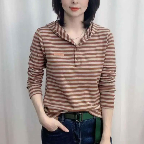 New spring and autumn long-sleeved hooded T-shirt women's short casual versatile cotton striped T-shirt top bottoming shirt