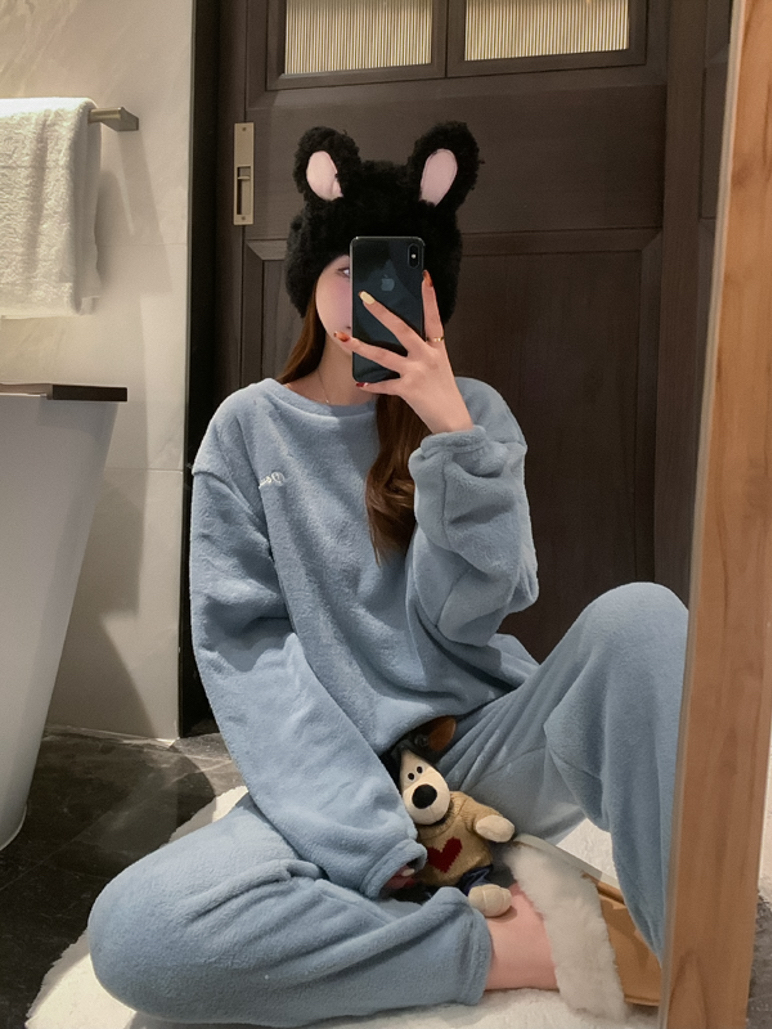 實拍 秋冬新款珊瑚絨睡衣毛絨家居服兩件套